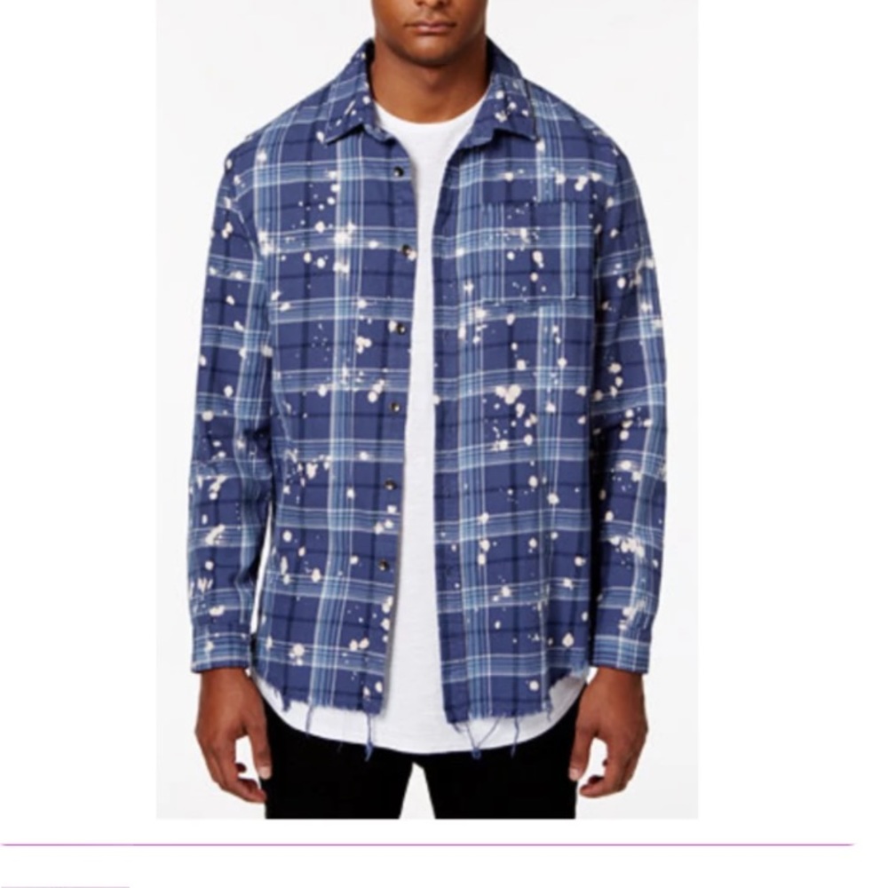 Jay walker Bleach splatter long sleeve Button down Plaid Flannel shirt XL Blue